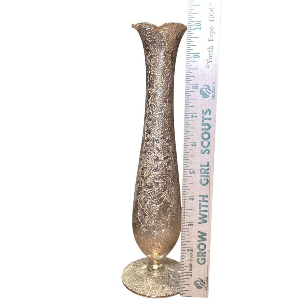 Vintage Embossed Floral Metallic Gold Glass Bud Vase 10 Inch Scalloped Rim - Picture 5 of 5